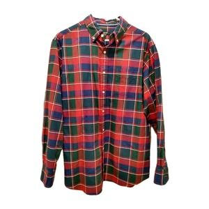 Cremieux Long Sleeve Classic Button Up Red Green Navy Plaid Size Large Christmas